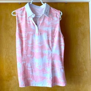Pink + White camo sleeveless polo for golf/walking 50 UV